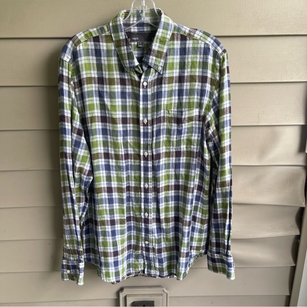 Vince Men's Size Medium Button Down Shirt Blue Green Plaid Linen Long‎ Sleeve